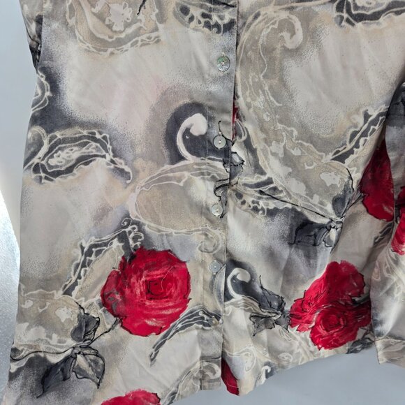 Additions by Chico's Cream Gray Red Roses Button Down Long Sleeved Shirt 0/XS - Picture 9 of 11